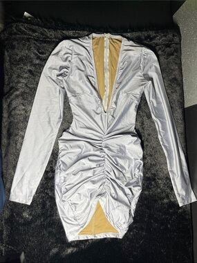 Long Sleeve Silver Mini Dress with Ruched Front